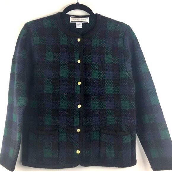 Crystal-Kobe early 2000’s Navy and Green Plaid Soft Knit Blazer Jacket - Picture 8 of 12
